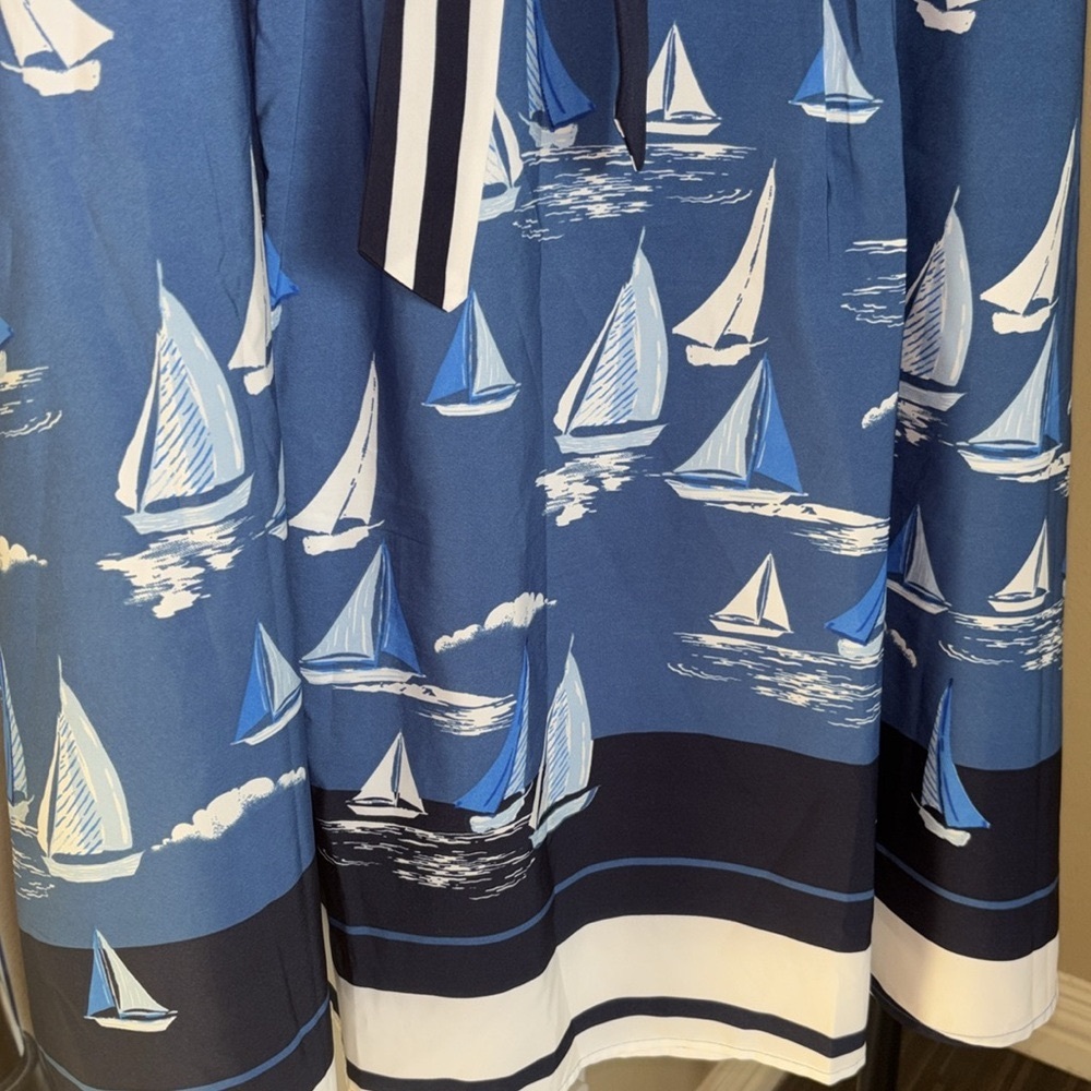 Pleated, A-Cut Sailboats on the Ocean With Stripes Fabric Belt (Size-M) - Picture 7 of 11
